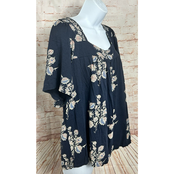 Lucky Brand Peasant Boho Top Size Large Short Sleeve Blue Floral Bohemian Blouse - Picture 2 of 4